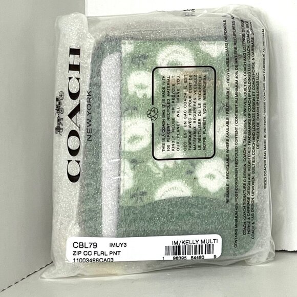 Coach Zip Card Case CBL79 Floral Print Kelly Green Multi Coated Canvas Chain - Picture 3 of 7